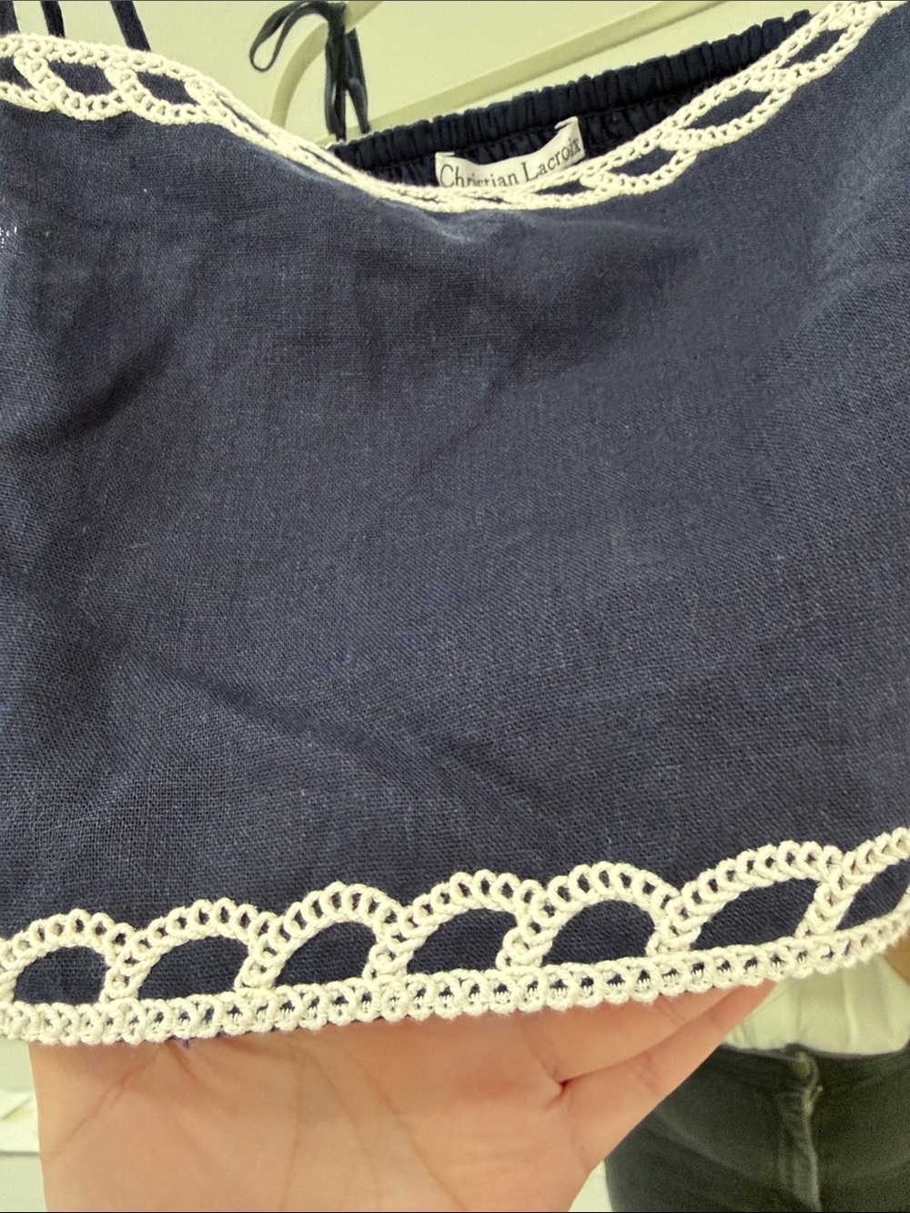 Christian Lacroix Navy Linen Blend Cropped Top with White Crochet Trim - Picture 5 of 6